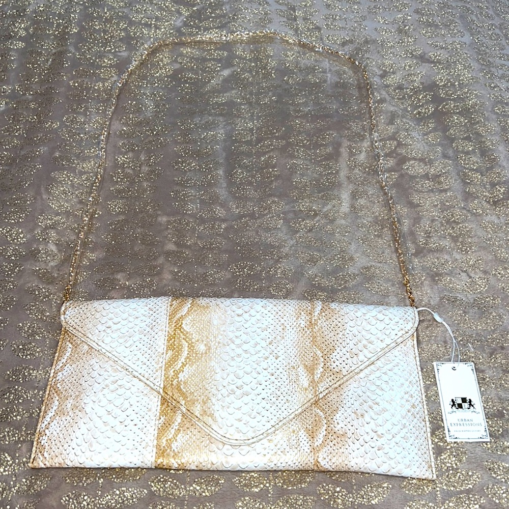 Vegan Shoulder Bag Gold Chain White Gold Tan Metallic